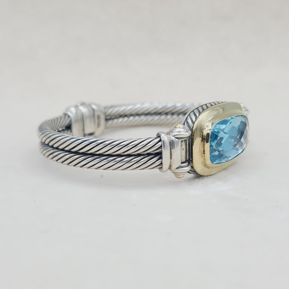 David Yurman Albion Elongated Double Cable Bracelet With Blue Topaz And Gold - Picture 5 of 13